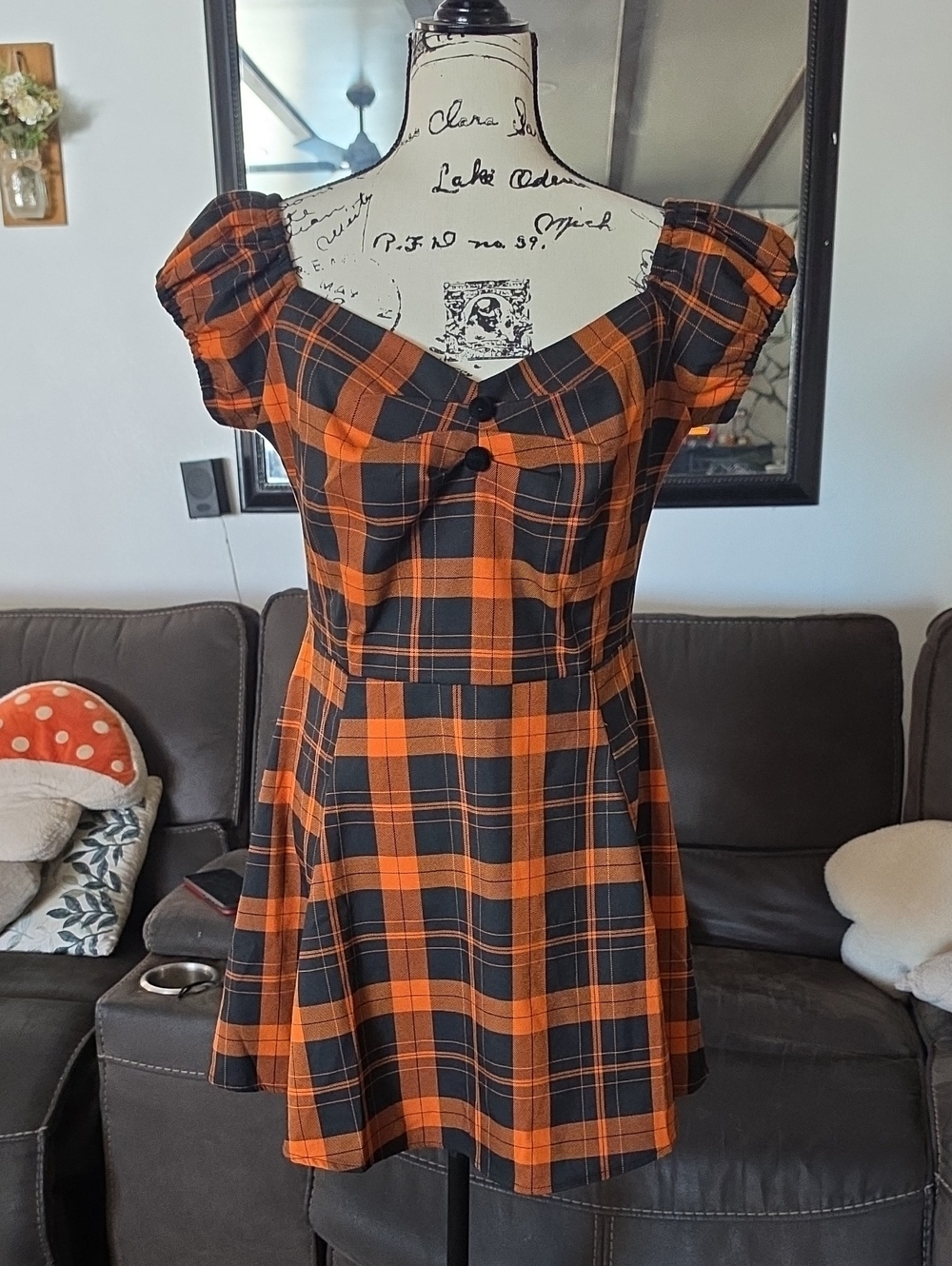 Collectif Orange and Black Plaid Sweetheart Mini Dress UK 14 LARGE